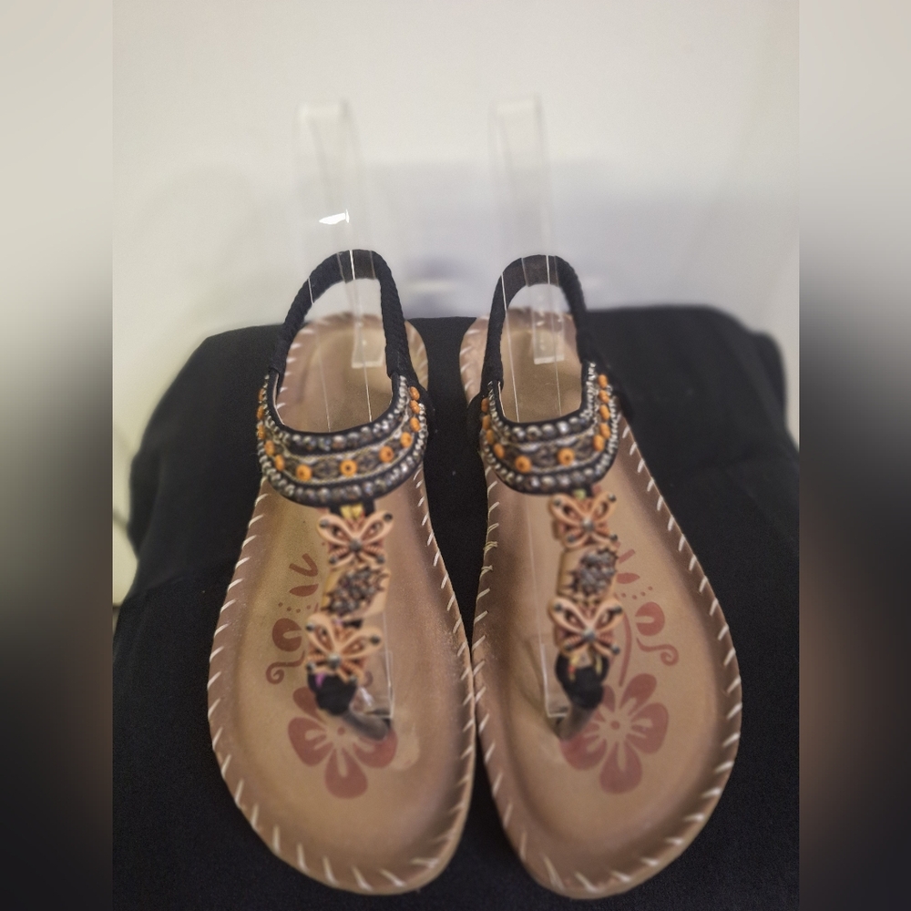 Embellished Black and Tan Sandals